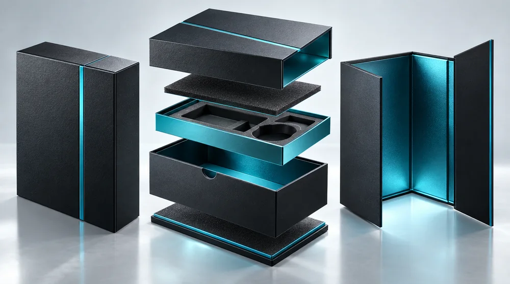 An exploded charcoal and cyan presentation box