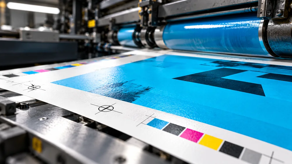 A cyan press proof with registration targets and color bars