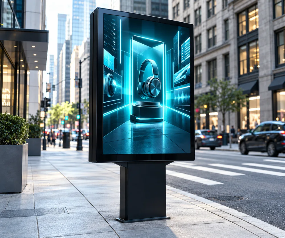 A cyan-lit digital kiosk on a downtown sidewalk